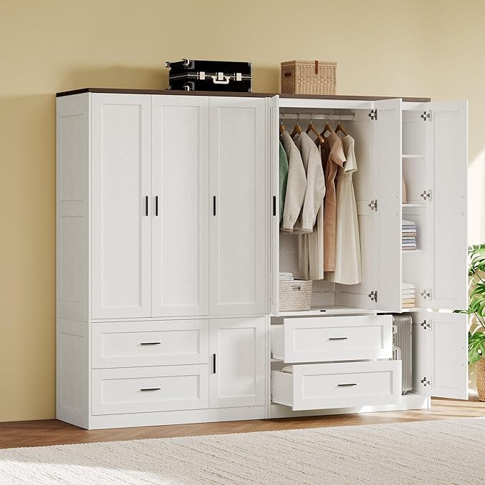 ANCTOR Freestanding Wardrobe Closet 70.6" H, Tall Armoire Wardrobe Closet 3 Doors with Hanging Rod, Drawers, Adjustable Cube Shelves and a Closed Cabinet Organizer Modern Bedroom Clothes Cabinet