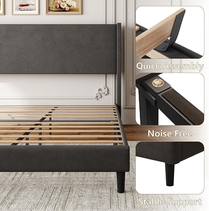 Sismplly Queen Bed Frame with Wingback Headboard, Velvet Upholstered Platform Bed with Wooden Slats, 6.46“ Under Bed Storage, Metal Support, Noise Free, No Box Spring Needed, Gray