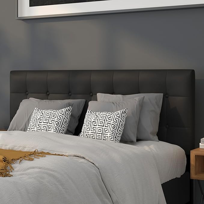 Flash Furniture Lennox Adjustable Height Button Tufted and Box Stitch Upholstered Queen Size Headboard in Black Vinyl