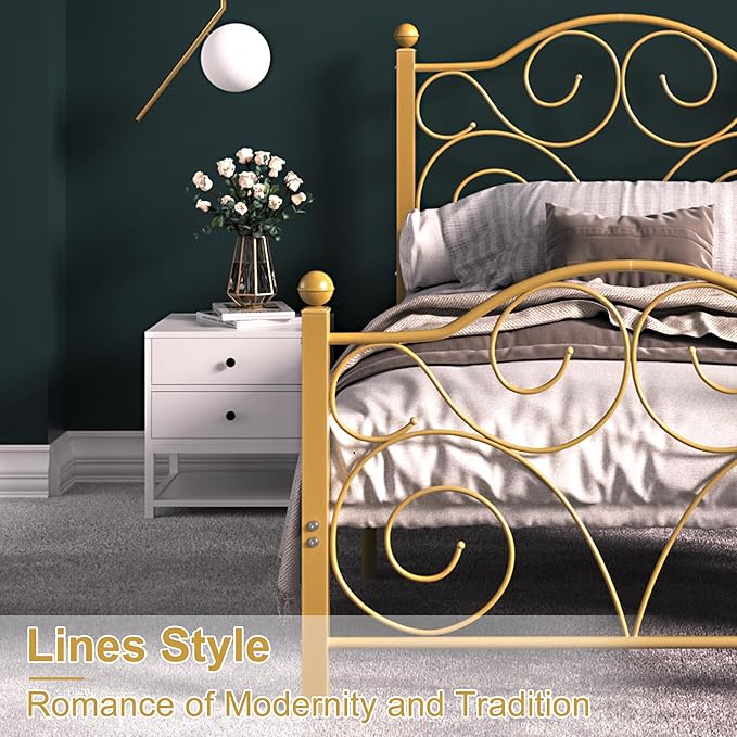 VECELO Twin Size Bed Frame with Headboard and Footboard, Heavy Duty Metal Slat Support, Platform Mattress Foundation, No Box Spring Needed, Easy Assembly, Gold