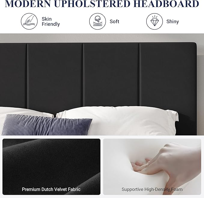 Allewie Queen Size Dutch Velvet Upholstered Platform Bed Frame/Vertical Channel Tufted Adjustable Headboard/Low Profile Bed Frame/No Box Spring Needed/Easy Assembly/Black