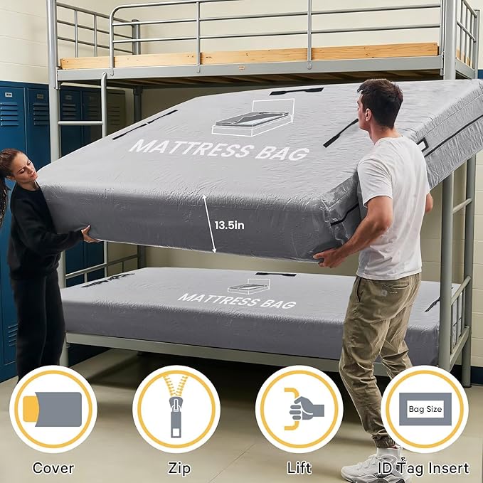 Mattress Bags for Moving and Storage, BETU Waterproof Mattress Protector Twin XL Mattress Cover for College Dorm Essential with 8 Heavy Duty Handles and Zipper Thick Moving Supplies (82x42x13.5 Grey)