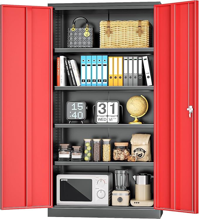 INTERGREAT Metal Lockable Storage Cabinet, 72” H Storage Cabinet with 2 Doors and 4 Adjustable Shelves for Office, Garage, Pantry (Assembly Required, Black Red)