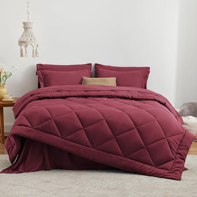 Love's cabin California King Comforter Set Burgundy, 7 Pieces California King Bed in a Bag, All Season Bedding Sets with 1 Comforter, 1 Flat Sheet, 1 Fitted Sheet, 2 Pillowcase and 2 Pillow Sham | Soft, Breathable, Lightweight, Comfortable