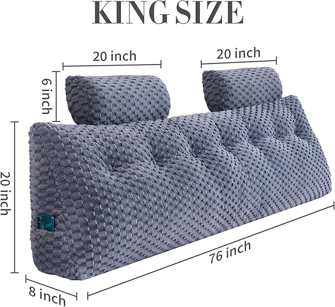 Wedge Headboard Pillow King- Bed Wedge Pillow for Headboard Triangular Headboard Pillow with Neck Roll Pillow-Large Bolster for Sitting in Bed Backrest Positioning Support (Grey,76x8x20 Inches)