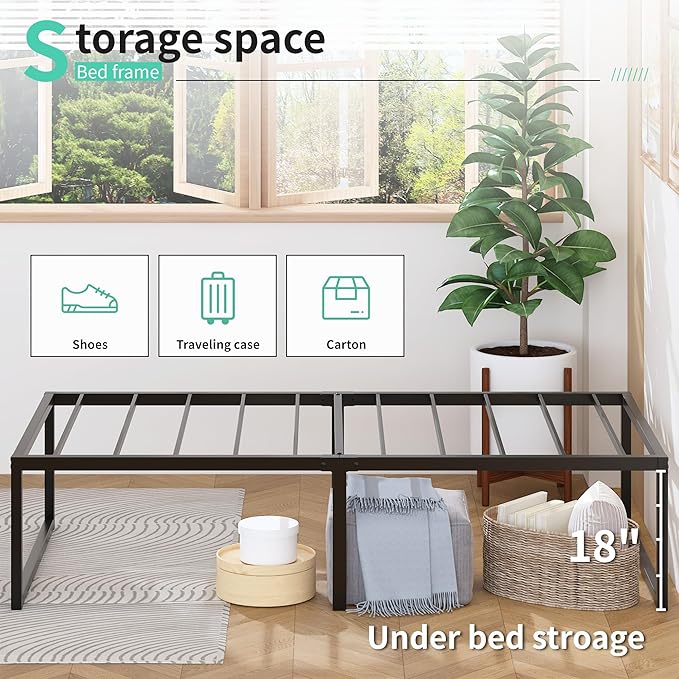Lutown-Teen 18 Inch Twin Bed Frames with Cover Skirt, Heavy Duty Metal Twin Size Platform Bed Frame No Box Spring Needed, Noise Free, Easy Assembly, Black and Blue