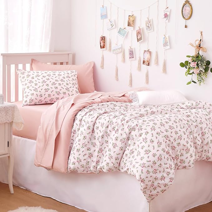 Wake In Cloud - Coquette Duvet Cover Set, Floral Cottagecore Flower Shabby Chic Cute Aesthetic, Soft Lightweight Bedding for Women Teen Girls, 3-Piece, Pink, Twin/Twin XL Size