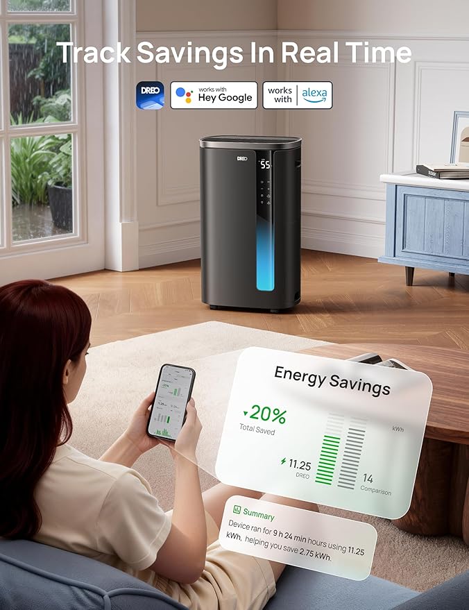 DREO 73 Pint Smart Dehumidifier for Basement, Home & Large Room up to 2000 Sq Ft, Energy Star 6.0 Dehumidifier with Drain Hose, Quiet 42dB, Auto Humidity Control, 3 Fan Speeds, Timer, Continuous Drain