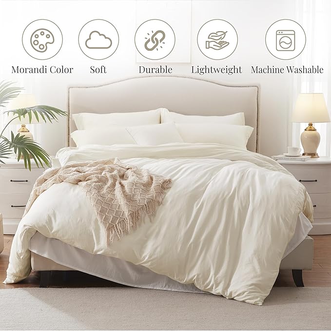 MILDLY Super Soft Duvet Cover - 100% Washed Microfiber Off White Comforter Cover Set 3 Pieces with Zipper Closure & Corner Ties