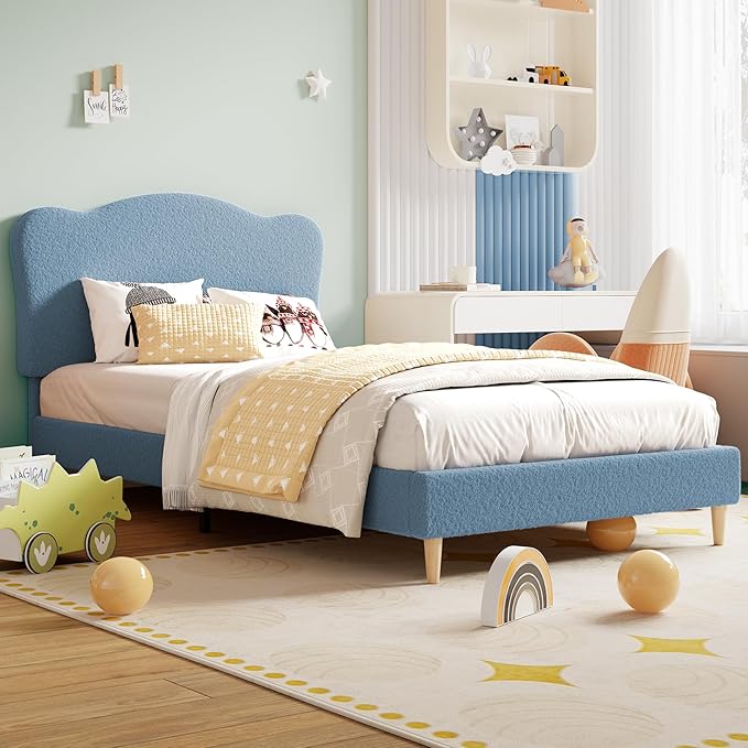 GarveeHome Upholstered Twin Size Bed Frame for Kids with Scallop Headboard, Cute Velvet Twin Bed for Girls, Boys, Sturdy Platform Bed, No Box Spring Needed, Wooden Slats, Noise Free, Dark Blue