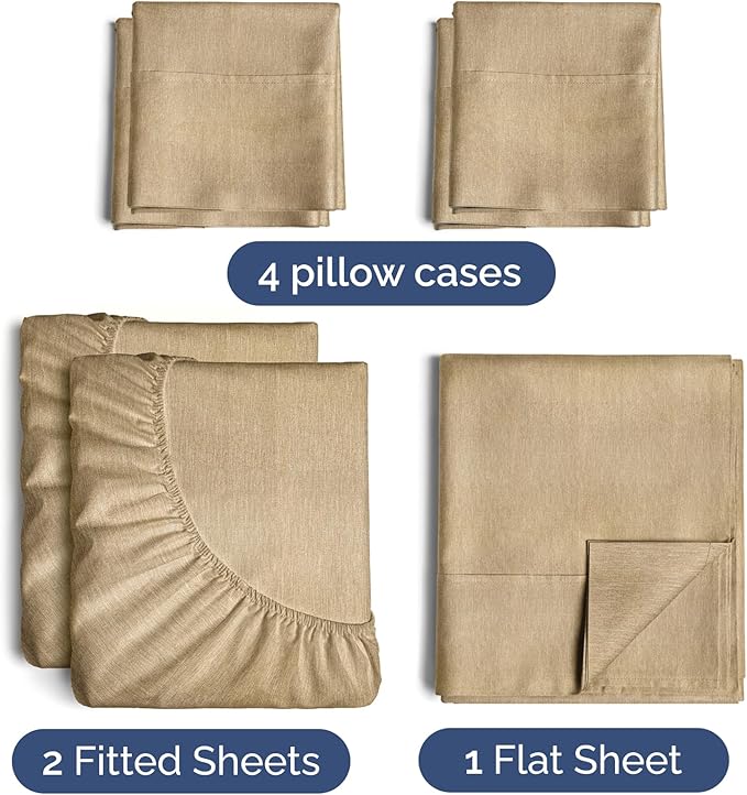 Split King 7 Piece Sheet Set - Comfy, Breathable & Cooling - Soft Hotel Luxury Bedding for Women, Men, Kids, Teens & Children - 1 Flat & 2 Fitted Sheets & 4 Pillowcases w/ Deep Pockets - Heathered Tan