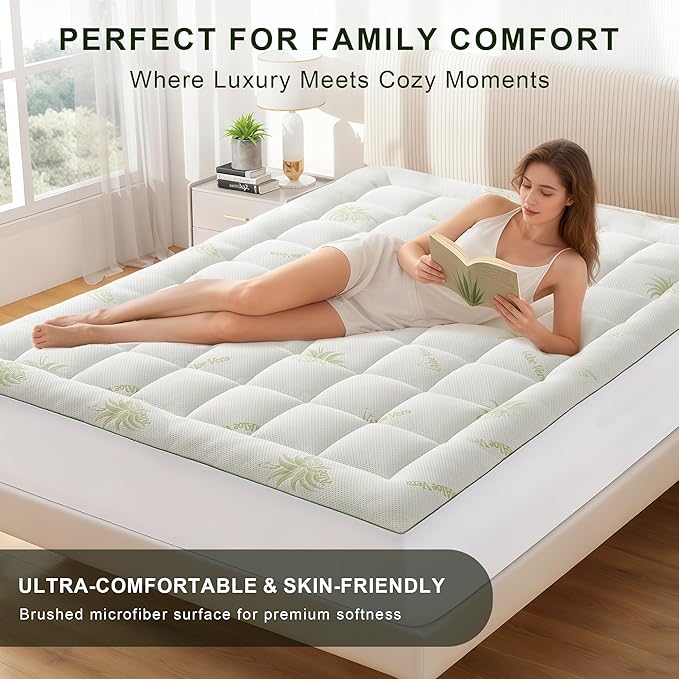 Mattress Topper Queen Size Pillow Top - Aloe Vera Blend Extra Thick Padded Mattress Pad & Protector, Breathable Fitted Deep Pocket 8-21, Ultra Soft & Supportive