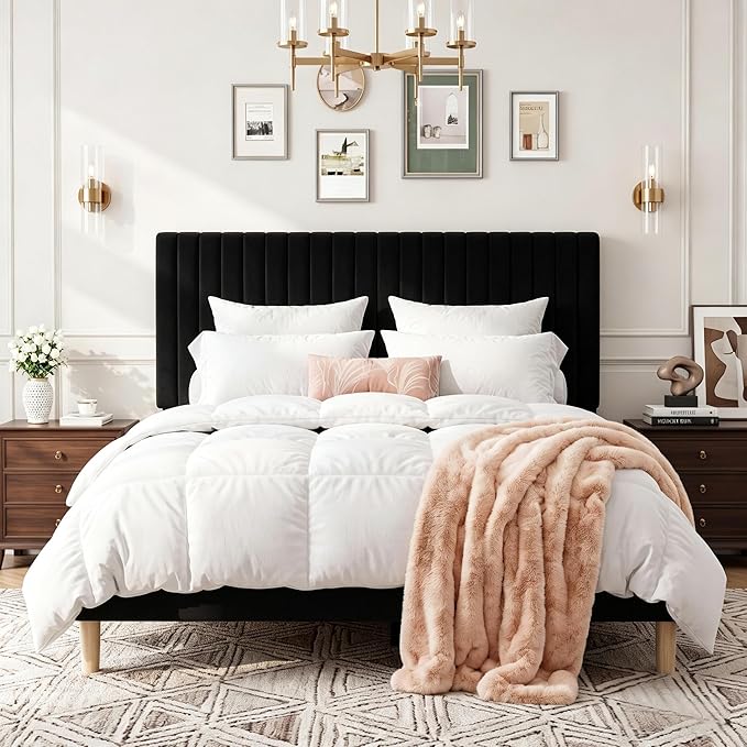 GAOMON Queen Bed Frame with Adjustable Headboard, Velvet Upholstered Platform Queen Size Bed Frame, Wooden Slats Support, No Box Spring Needed, Easy Assembly, Black
