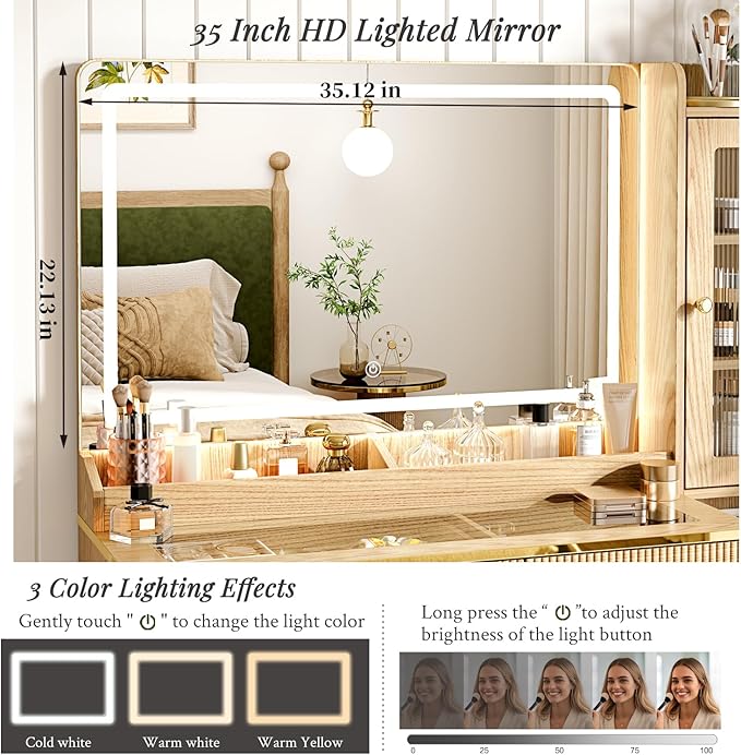Arulvmrn Vanity Desk with 35.12" HD Lighted Mirror, 46.85" Big Modern Vanity Desk with Mirror and Lights, Makeup Vanity with 7 Drawers and Storage Shelves and Charging Station, Oak