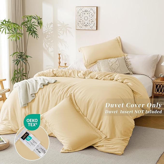 MILDLY Super Soft Duvet Cover - 100% Washed Microfiber Butter Yellow Comforter Cover Set 3 Pieces with Zipper Closure & Corner Ties