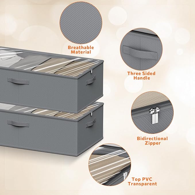 2 Pack Under Bed Storage Containers, 10 Inch Tall Underbed Clothes Storage Organizer Bin with Clear Window，Foldable Box Basket for Clothes, Closet, Bed Sheets and Blankets Gray