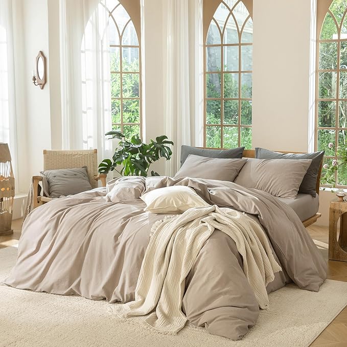 MooMee Bedding Duvet Cover Set 100% Washed Cotton Linen Like Textured Breathable Durable Soft Comfy (Heathered Taupe, Full 80"x90")