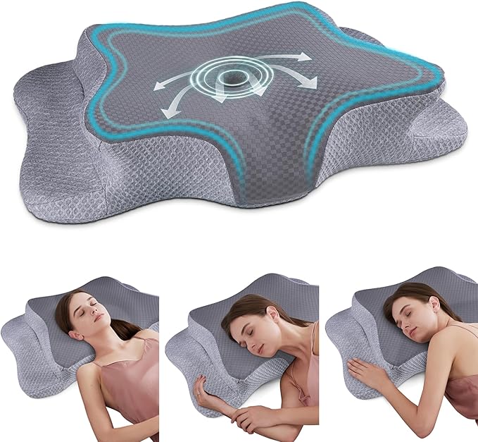 CHxxy Cervical Neck Pillow for Pain Relief Sleeping, Memory Foam Pillows, Ergonomic Side Sleeper Pillows, Cooling Orthopedic Neck Support Pillow for Back Stomach Sleepers-Queen Size Grey&Grey