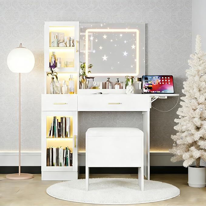 KAMABOKO Vanity Desk with Mirror, LED Lights and Power Outlet, Makeup Vanity Table with Cabinet and 2 Drawers, Dressing Table with Stools for Bedroom (White)