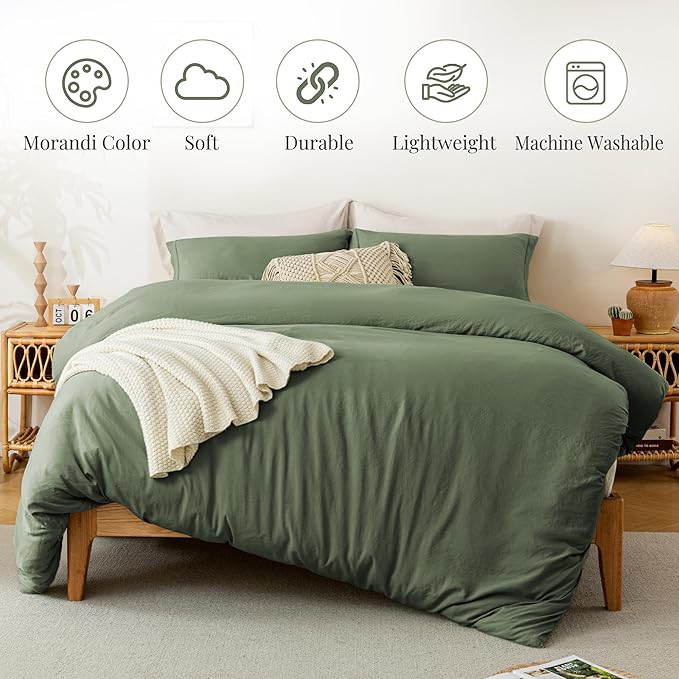 MILDLY Super Soft Duvet Cover 2pcs - 100% Washed Microfiber Olive Green Twin/Twin XL Comforter Cover Set with Zipper Closure & Corner Ties (No Comforter)