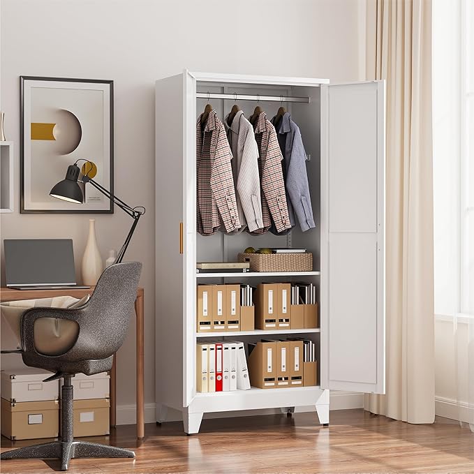 COFaR 71" Metal Wardrobe Closet with Adjustable Hanging Rod & 2 Shelves, Freestanding 2-in-1 Armoire Cabinet with Large Top/Bottom Storage, White Steel Closet Organizer