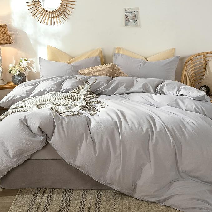 MooMee Bedding Duvet Cover Set 100% Washed Cotton Linen Like Textured Breathable Durable Soft Comfy (Lavender Grey, Queen)