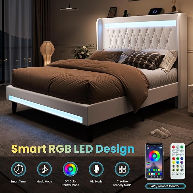 SHA CERLIN Full Size LED Bed Frame with Charging Station, Velvet Upholstered Platform Bed with High Wingback Headboard, No Box Spring Needed, Easy Assembly, White