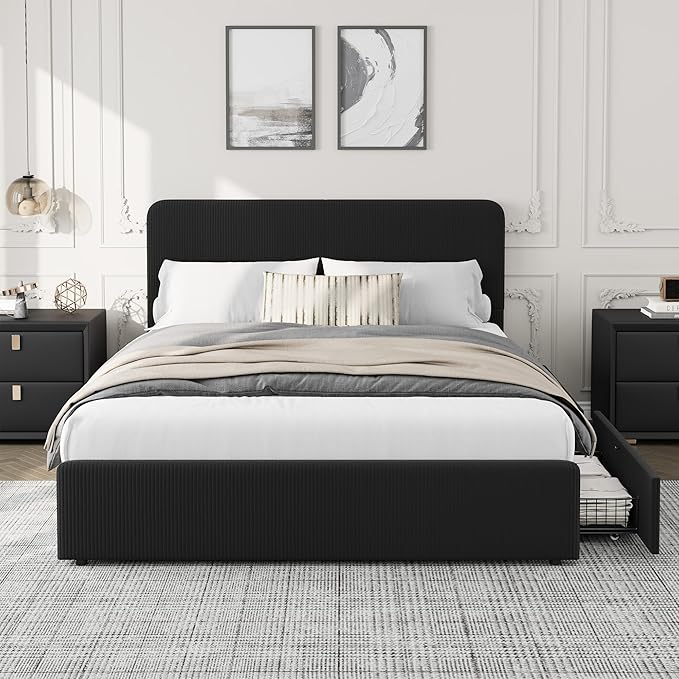 GarveeHome Modern Upholstered Platform Bed Frame with Headboard and Storage Drawers – Soft Fabric Corduroy Black, PU/Faux Leather, Sturdy Wood Slat Support, No Box Spring Needed, Easy Assembly – Full