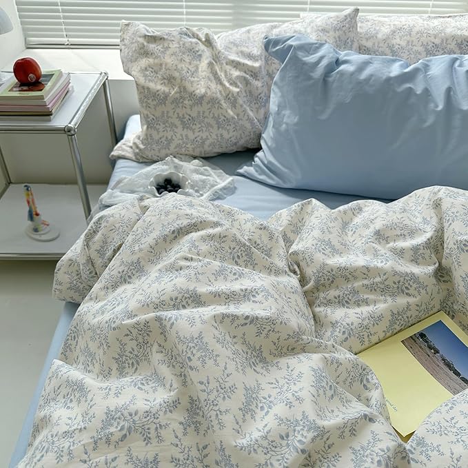 mixinni Blue Floral Duvet Cover Full Size - 100% Cotton Soft Boho Comforter Cover with Zipper Closure 4 Ties, 3-Piece Vintage Aesthetic Botanical Bedding Set with 2 Pillowcases, All Season Bed Set