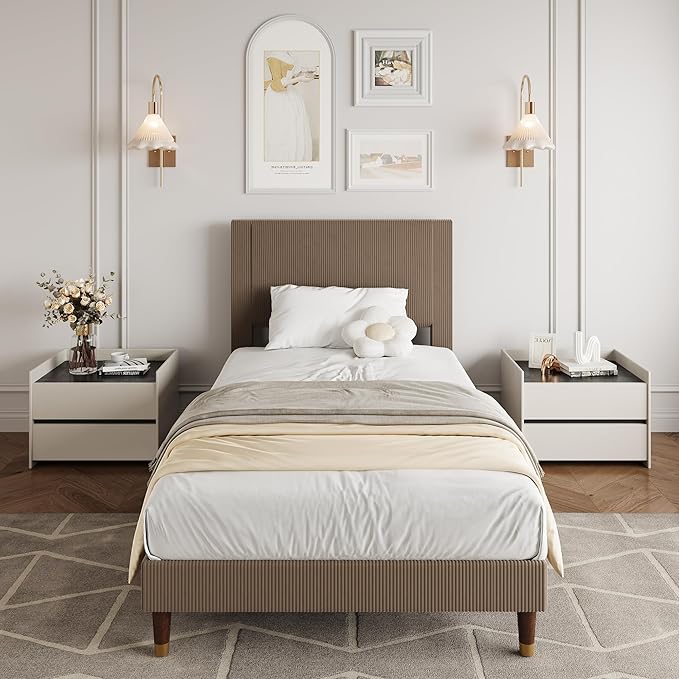GarveeHome Twin Size Bed Frame with Upholstered Headboard and Strong Wooden Slats Support, Soft Corduroy Fabric Platform Bed, No Boxing Spring Needed, Easy Assembly, Brown