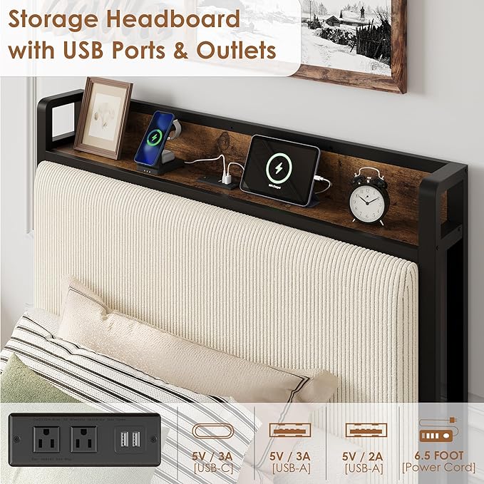 Twin-XL Size Bed Frame with Storage Headboard, Black Corduroy Upholstered Twin Platform Bedframe with Storage Drawers and Charging Station, No Box Spring Needed, Noise Free