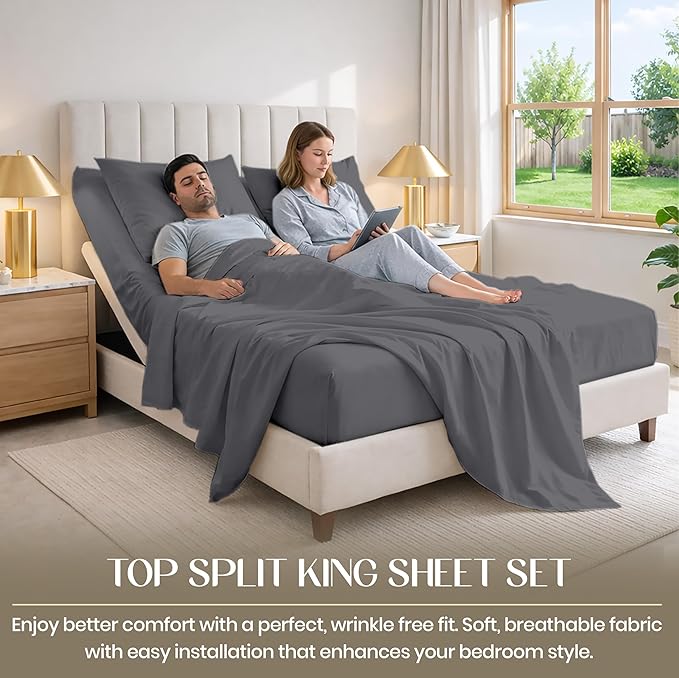 SGI bedding 36" Cal King Split Top Flex Head Sheet 100% Egyptian Cotton Sheet Set 1000 Thread Count Flex Top Sheet for Adjustable Bed 4Pc Sheet Set 15" Deep Pocket for Sleep Number Bed - Dark Gray