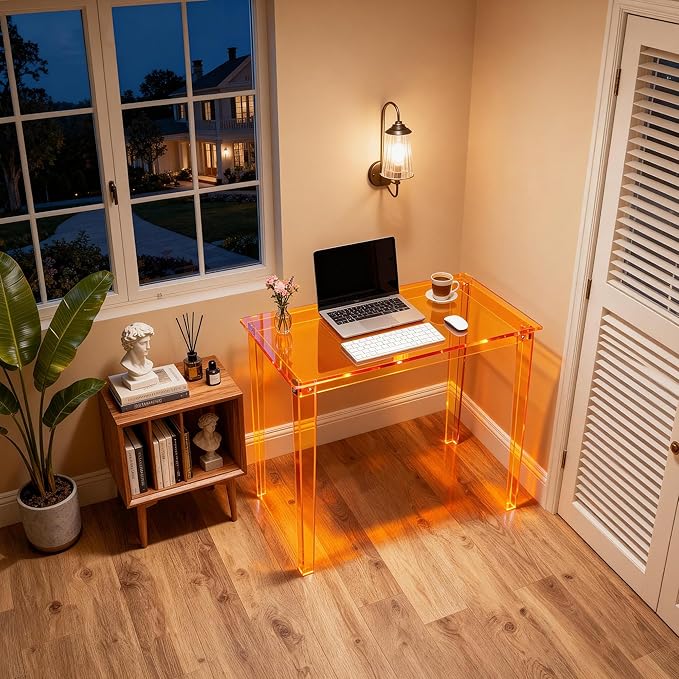 Acrylic Desk, Clear Modern Writing Table for Home Office (Orange, Small)