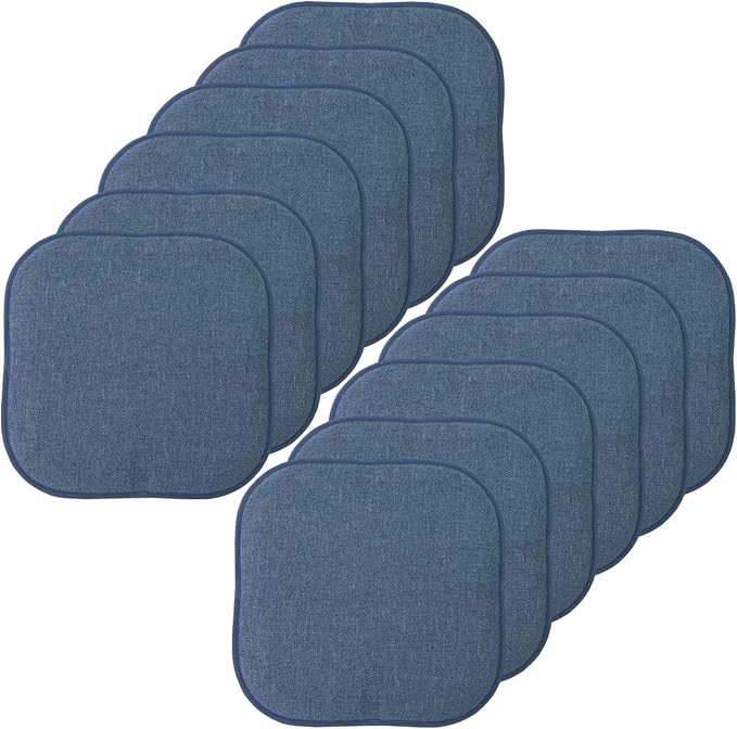 Sweet Home Collection Chair Cushion Memory Foam Pads Honeycomb Pattern Slip Non Skid Rubber Back Rounded Square 16" x 16" Seat Cover, 12 Pack, Alexis Denim