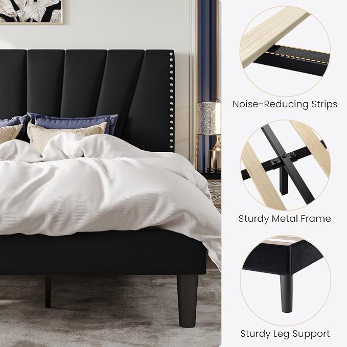 SHA CERLIN King Size Bed Frame with Adjustable Upholstered Velvet Rivets Headboard, Sturdy Wooden Slats, Strong Platform Support for Mattress, No Box Spring Needed, Easy Assembly, Black