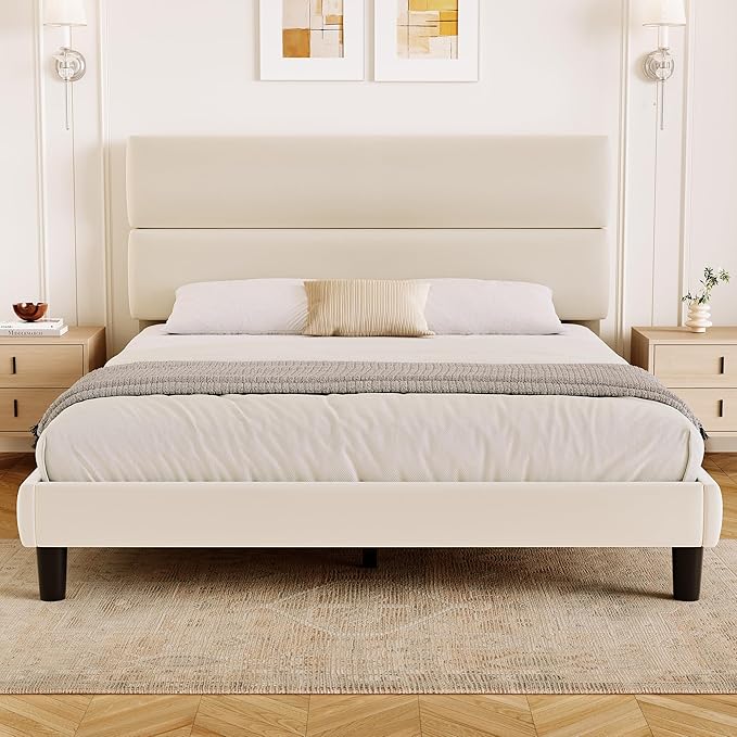 GRUSIGN Queen Size Platform Bed Frame with Velvet Headboard, Adjustable Height Wooden Slats Support, Upholstered Mattress Foundation, Fits Mattress or Mattress with Box Spring, Easy Assembly, Beige