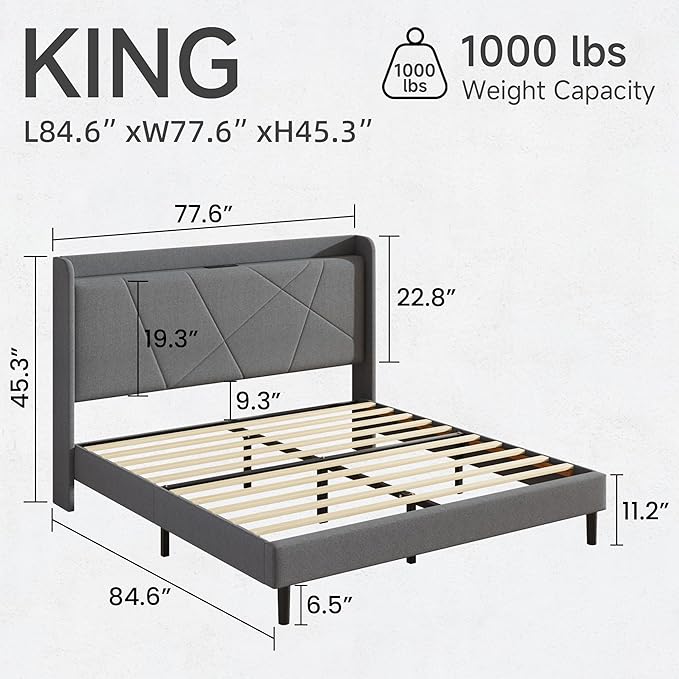 King Size Linen Bed Frame, Storage Headboard with Charging Station, Upholstered Platform Bed with Wooden Slats Support, Solid and Stable, Noise Free, No Box Spring Needed, Easy Assembly, Gray