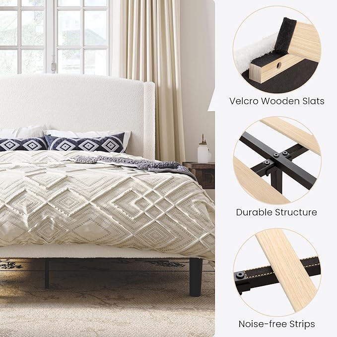 SHA CERLIN Queen Bed Frame with Soft Teddy Fabric, Boucle Upholstered Platform Bed, Curved Headboard Design, Wooden Slats Support, Noise-Free, No Box Spring Needed, Easy Assembly, White