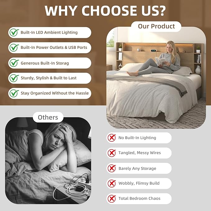 King Headboard Only with Shelves Storage, Headboards with Charging Station 2 USB Ports and LED Light,Sturdy and Stable Modern Sturdy and Stable Wood Bed Board (Natural Oak, King) | Solid wood leg, chargestation, Storage