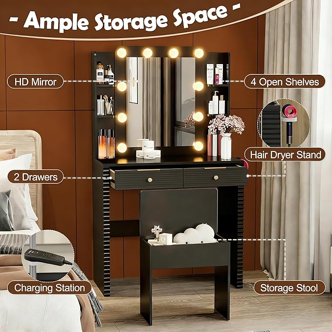 Makeup Vanity Desk with Charging Station & Storage Stool, Black Fluted Vanity Table with 10 Hollywood Bulbs, 3-Color Lighted Mirror, Hair Dryer Holder & Type-C Port, Modern Dressing Table for Bedroom