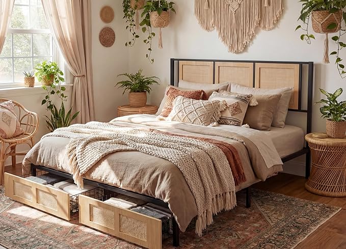 YITAHOME Natural Rattan King Bed Frame with Wooden Headboard and 2 Storage Drawers Underneath, Boho Cane Bed Platform Bed with Metal Slat, Noise Free, No Box Spring Needed