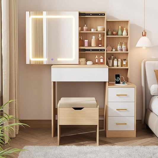 IDEALHOUSE Vanity Desk with Mirror and Lights, Vanity Table and Chair Set with 4 Drawers and Charging Station, Dresser LED Sliding Mirror with 3 Color Modes Adjustable Storage Shelves, Natural+White
