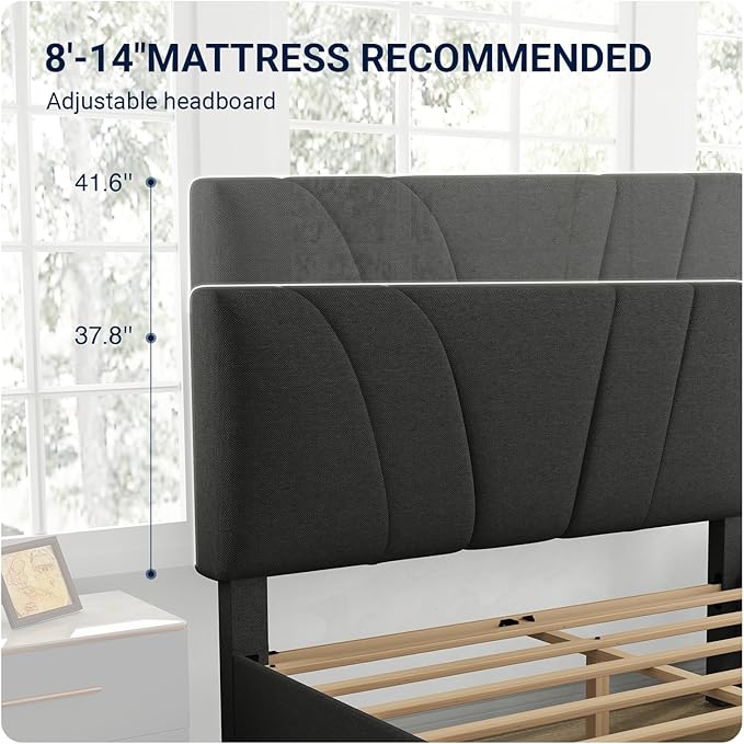 Avenco Full Bed Frame, Upholstered Platform Bed Frame with Adjustable Headboard, Wood Slat Support, Easy Assembly, No Box Spring Needed, Dark Grey