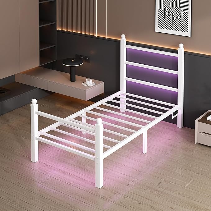 CLIBFENG Twin Bed Frame with Headboard and Footboard,Steel Slats Support-LED Bed Frame with USB Charging Station,Mattress Foundation-Under Bed Storage,No Box Spring Needed,Noise Free,White