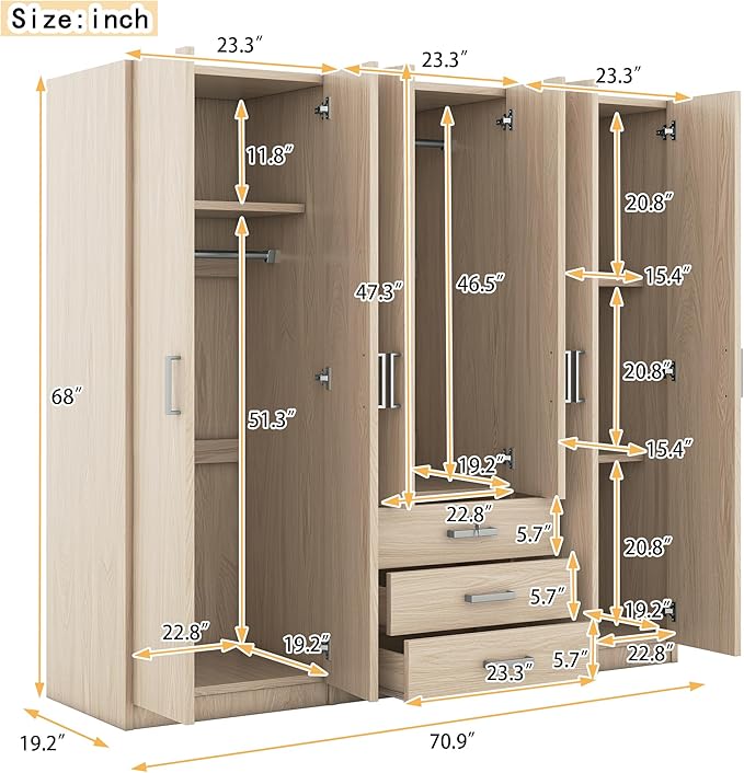 68" H Large 6 Doors Wooden Wardrobe Closet, Freestanding Armoire Wardrobe Closet Cabinet with 3 Drawers, Shelves and Hanging Rod for Hanging Clothes, Coat Closets for Bedroom, Brown