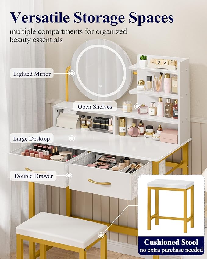 Kitsure Vanity Desk with Mirror and Lights - 3 Mode Lighted Makeup Vanity for Girls, Anti-Tipping Small Vanity with Chair for Bedrooms, Dressing Rooms, Walk-in Closet, Gold, 31.5" x 17.7" x 50.6"