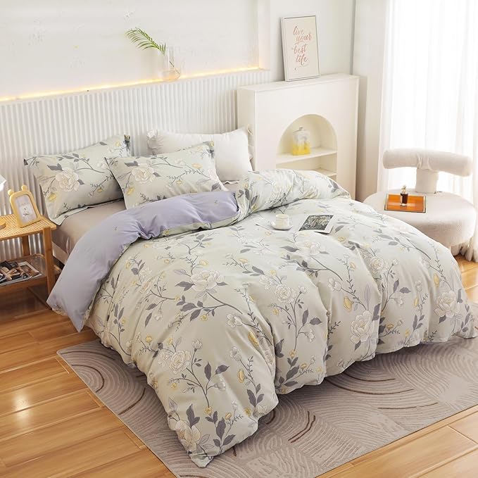 OAITE Duvet Cover Queen Size - 100% Cotton Comforter Cover Floral Duvet Cover Sets 3-PC, Breathable Duvet Cover with Zipper Closure & Corner Ties