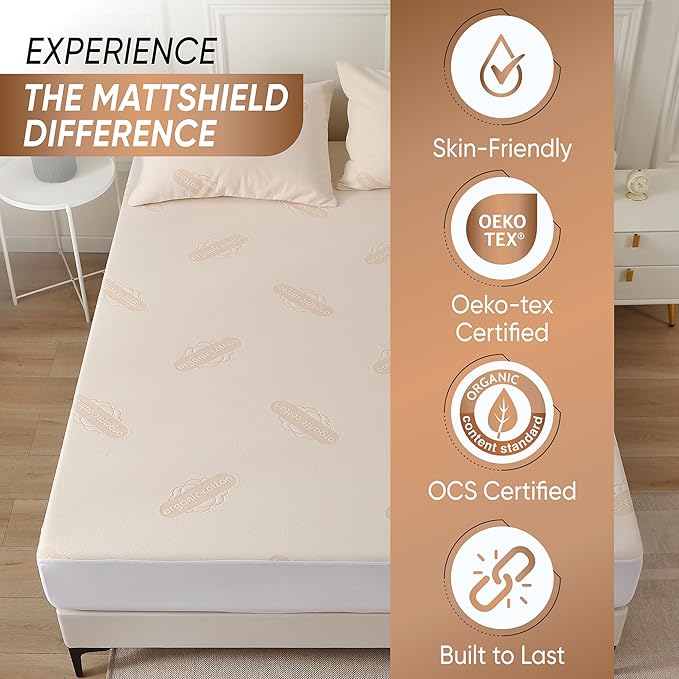 Deluxe Waterproof Organic Mattress Protector Twin XL Size - OCS Certified Organic Cotton Breathable Mattress Pad Cover - Premium 280 GSM Comfort - Jersey Cotton Skirt - Deep Pocket Fitted Style