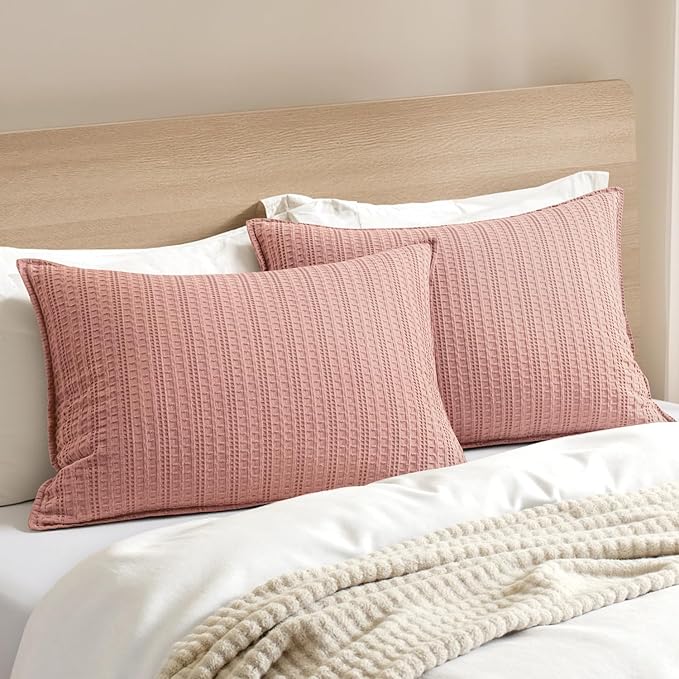 100% Cotton Waffle Pillow Shams Standard Size, 2 Pack 20x26 Decorative Pillow Covers for Bed Couch Sofa, Neutral Weave Cushion Cases Modern Farmhouse Home Decor Valentines Day, Pink
