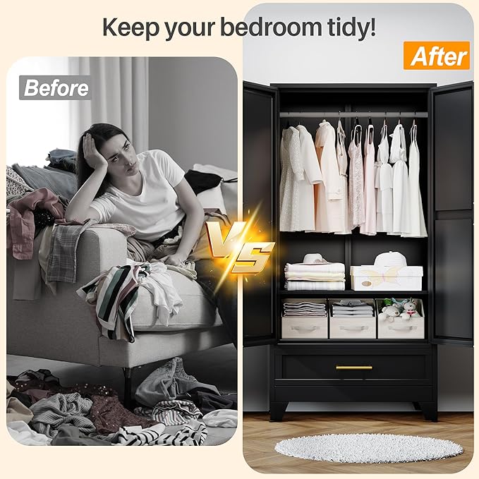 RIETERN Metal Armoire Wardrobe Closet, 71" Tall Bedroom Closet with Mirror, 1 Drawer, Adjustable Shelves, and Hanging Rod, Steel Clothes Closets and Storage, for Bedroom Black